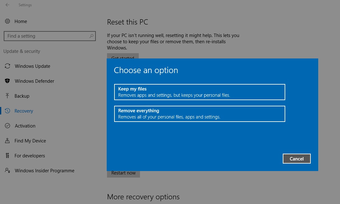 reset pc windows 10 keep files