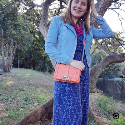 awayfromblue Instagram | layering blue printed maxi dress with denim jacket and bright accessories for spring