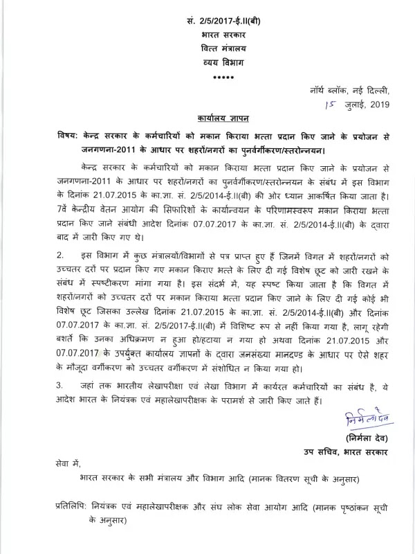 7th CPC HRA: Re-classification/Upgradation of Cities/Towns on the basis of Census-2011 for the purpose of grant of House Rent Allowance (HRA) 7th CPC HRA: Re-classification/Upgradation of Cities/Towns on the basis of Census-2011 for the purpose of grant of House Rent Allowance (HRA)
