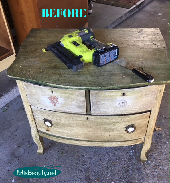 BEFORE Painted furniture makeover using General finishes Basil milk paint and Redesign by Prima Fern Color transfer artisbeauty.net Karin Chudy Easy DIY before and after