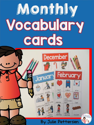 Monthly Vocabulary cards for your writing center or for your ELL students. Easily indentifiable key words and pictures. Two charts/word cards per month.