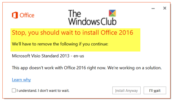 Стоп, вам следует подождать, чтобы установить Office 2016