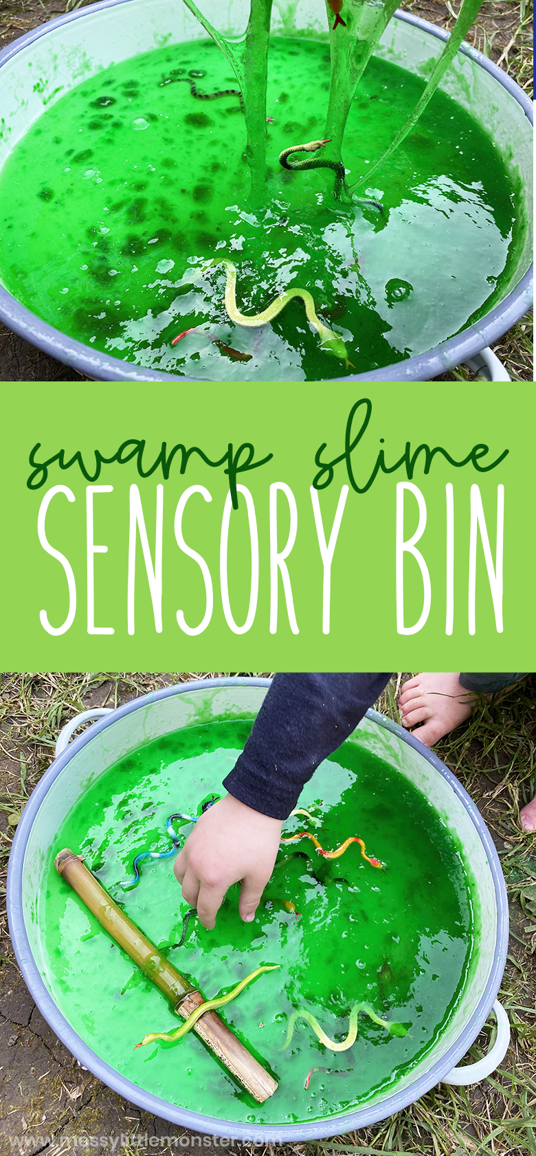 Slime sensory bin for toddlers, preschoolers and big kids! Easy snake swamp sensory play