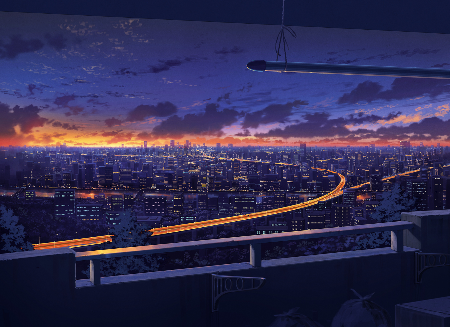Anime Landscape: Anime City from the balcony Background