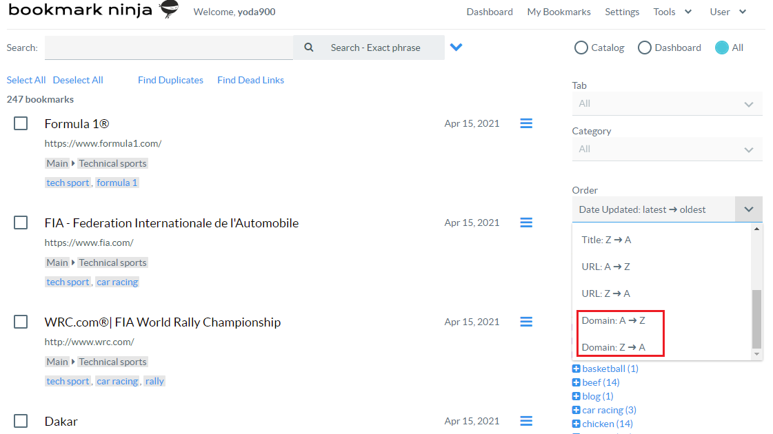 Bookmark Ninja Improvement Sorting the bookmarks by domain on the My