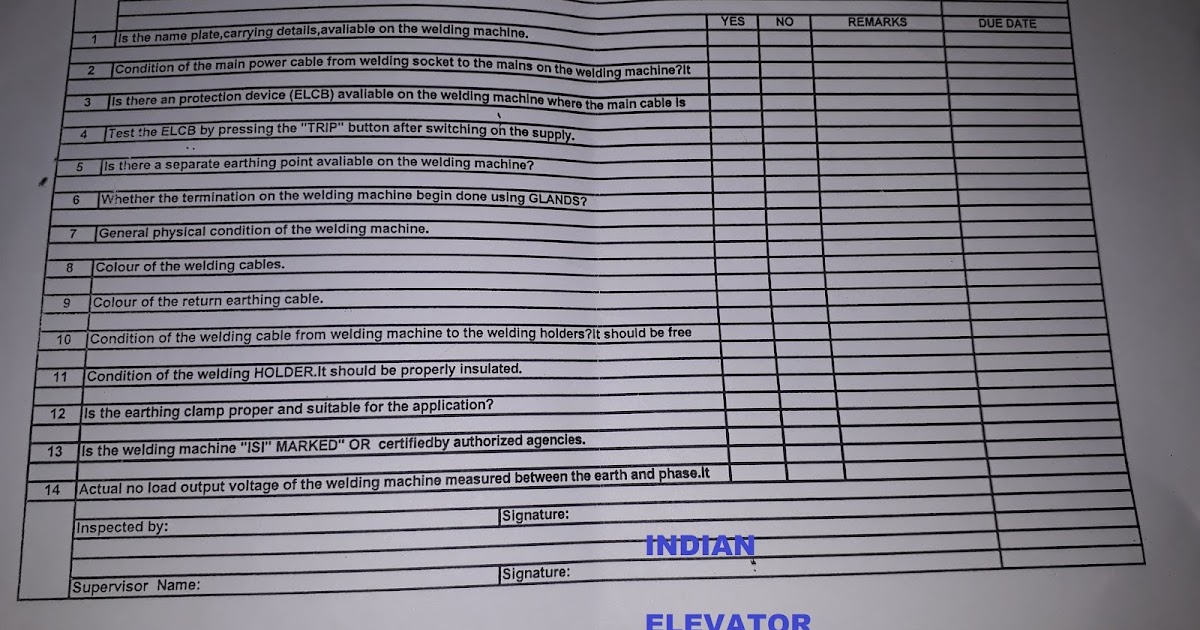 WELDING MACHINE CHECKLIST