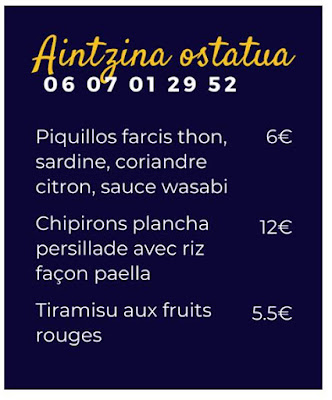 menu restaurant Aintzina espelette 2021