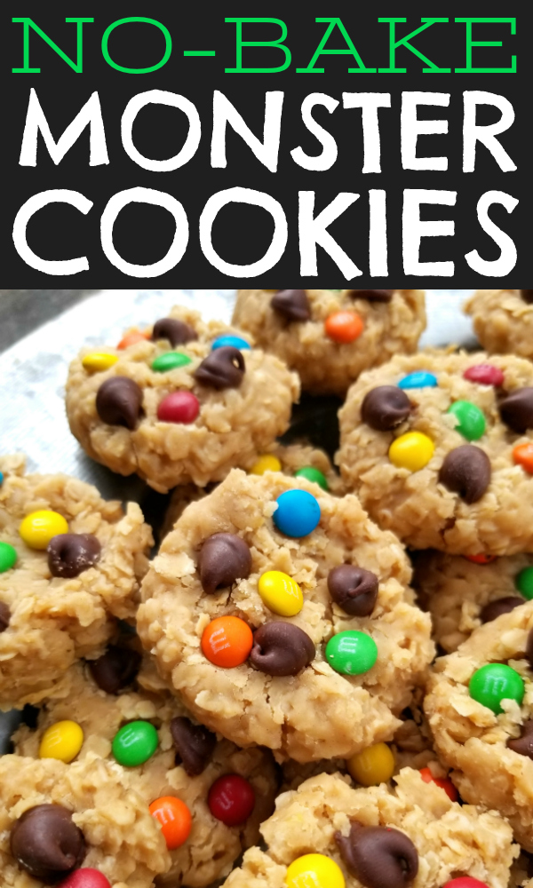 A simple, easy no-bake peanut butter cookie recipe with quick-cooking oats topped with chocolate chips and M&Ms. #monster #cookies #nobake