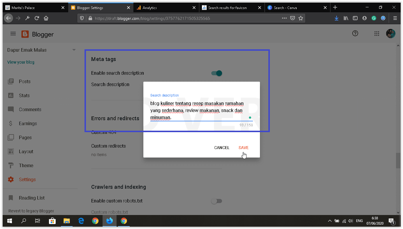 dashboard blogger baru setting meta tags & search description