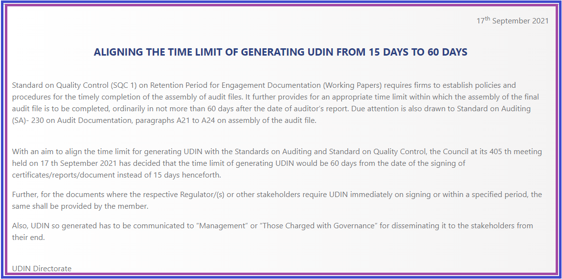 Time limit for UDIN generation extended up to 60 days