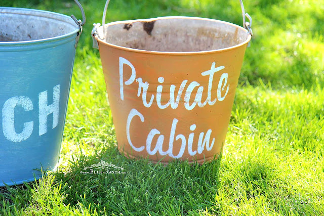 Painted Stenciled Galvanized Buckets, Bliss-Ranch.com