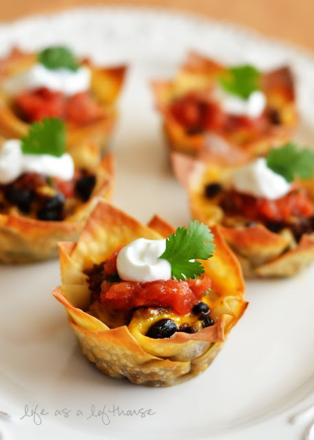 Taco Cupcakes are Wonton wrappers filled with ground beef, beans, cheese and salsa. Life-in-the-Lofthouse.com