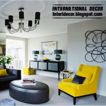 black leather banquette and yellow chair