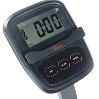 Digital Monitor on Sunny Health & Fitness SF-B2640 displays workout stats including time, speed, distance, odometer, scan, and calories