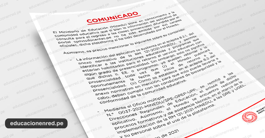 COMUNICADO MINEDU: Aplicativo de consulta para el regreso a las clases presenciales 2021 - www.minedu.gob.pe COMUNICADO MINEDU: Aplicativo de consulta para el regreso a las clases presenciales 2021 - www.minedu.gob.pe