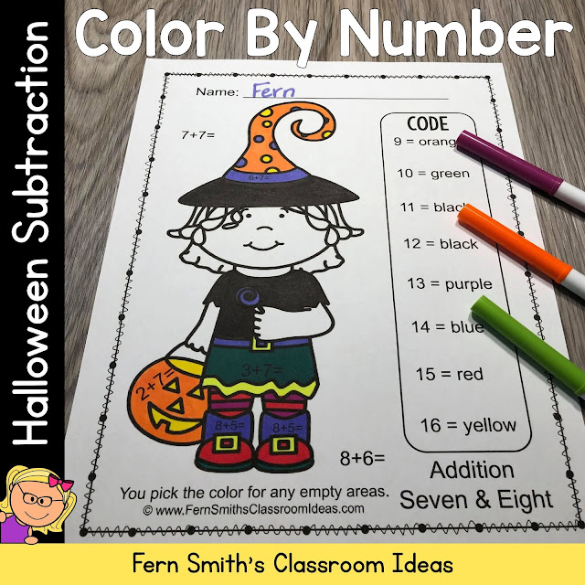 Halloween Color By Number Cute Students in Halloween Costumes for Some October Halloween Fun For Your Subtraction Math Lessons - For Kindergarten, First Grade and Second Grade - TeacherspayTeachers - #FernSmithsClassroomIdeas