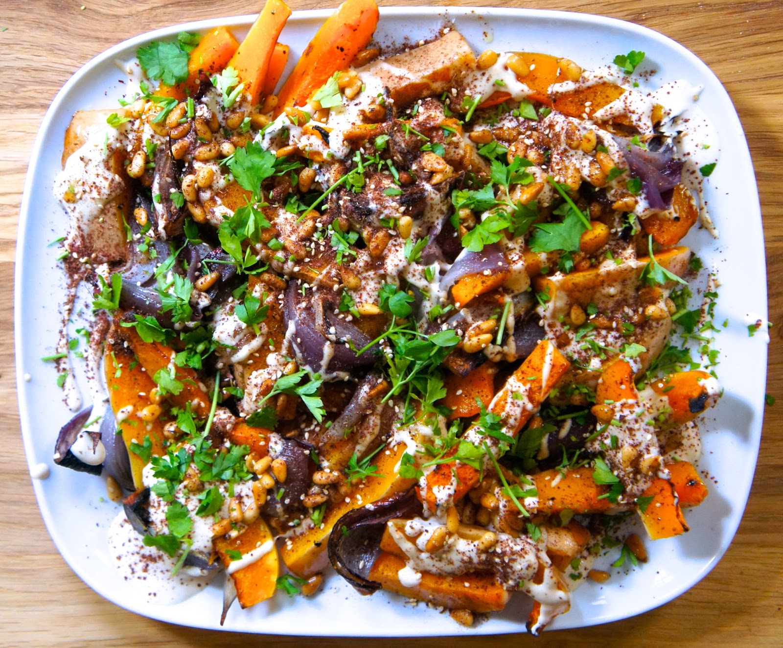 Notes of Bacon Roasted butternut squash and red onion with tahini and