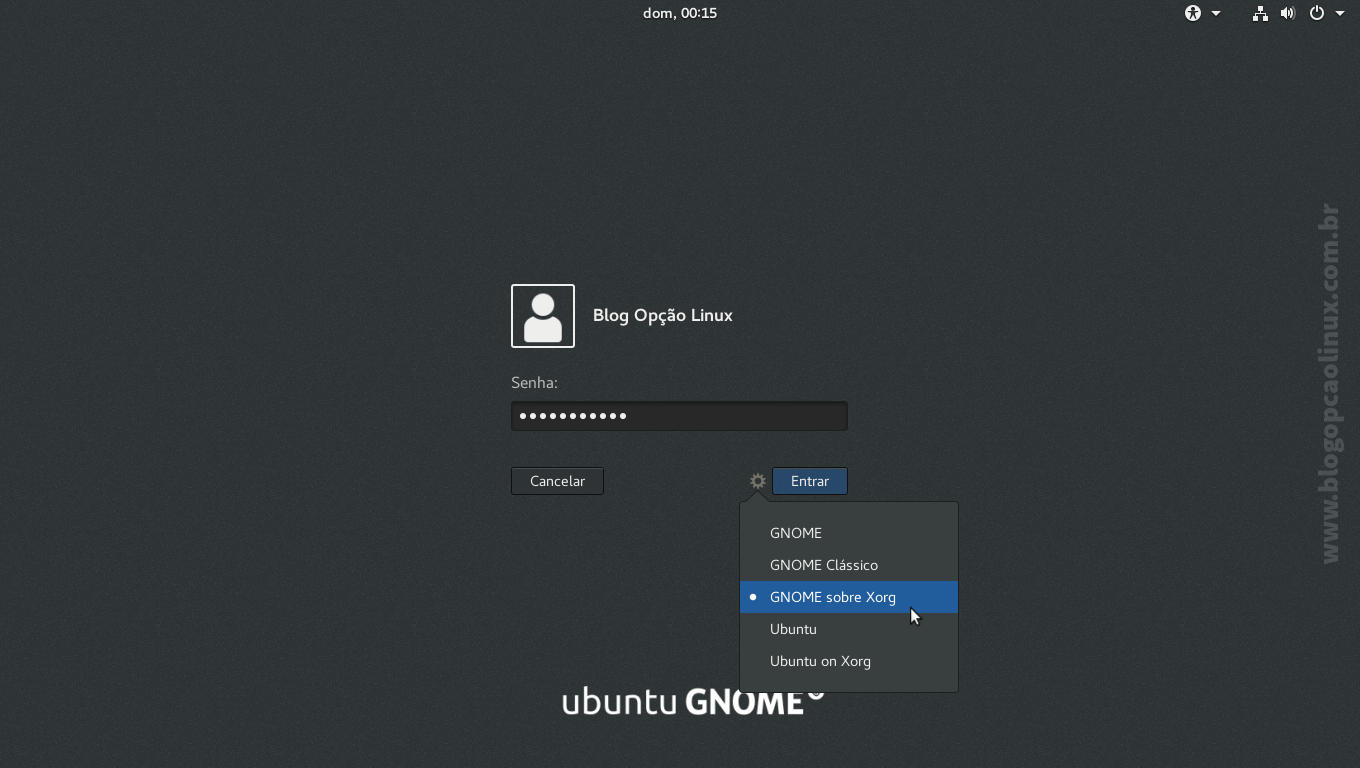 Na tela de login, selecione a sessão GNOME, GNOME Classic e/ou GNOME sobre Xorg