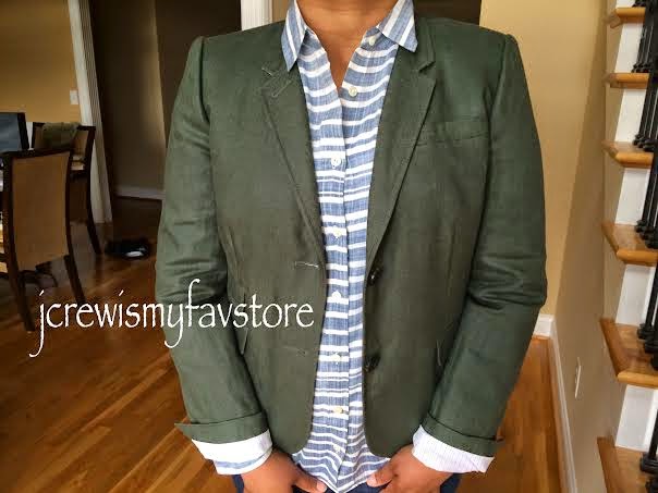 J. Crew Schoolboy Blazer in Linen (Dark Evergreen), Boy Shirt in Stripe ...