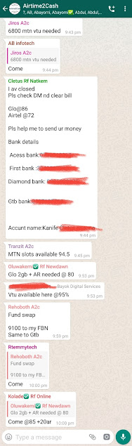 Screenshot of messages in Airtime2cash WhatsApp group