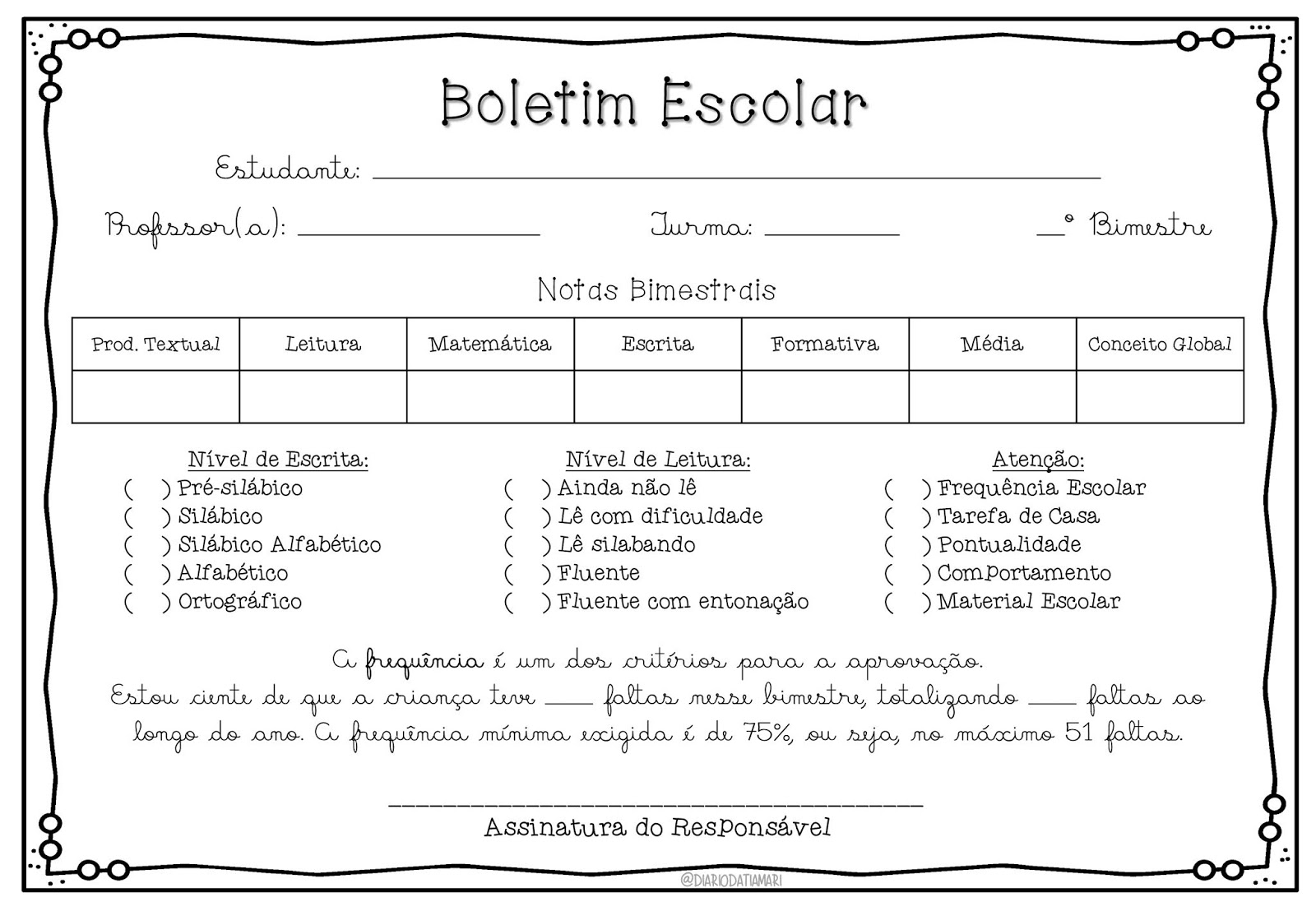 Boletim Escolar Ciclo de Alfabetização