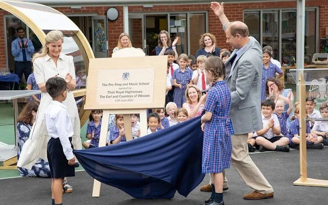 The Countess of Wessex wore a new cotton summer stripe midi dress from ME+EM. Pre-Prep and Music School at Eagle House