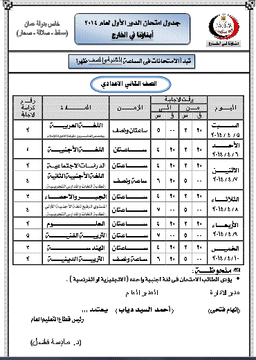 جداول امتحانات الصف الأول الابتدائى إلى الصف الثانى الثانوى الترم الثانى 2014 لدولة عمان 2pr