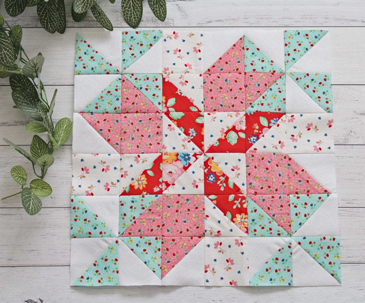 "Spring Breeze" is a Free Spring Quilt Block Pattern designed by Rose from Threadbare Creations for FaveQuilts. com!
