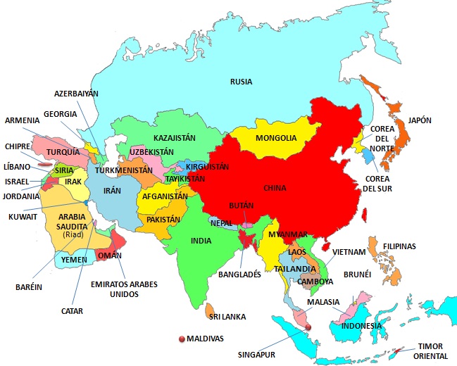 Mapa de Asia o continente asiático. Incluye países con nombre oficial y mapa político. Mapa de Asia o continente asiático. Incluye países con nombre oficial y mapa político.
