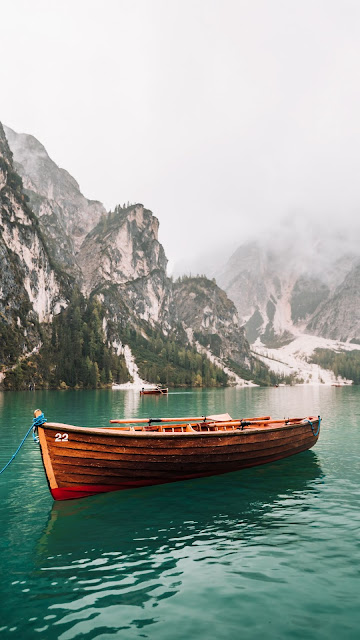 Wallpaper Green Lake, Boat, Mountain, Fog Wallpaper Green Lake, Boat, Mountain, Fog