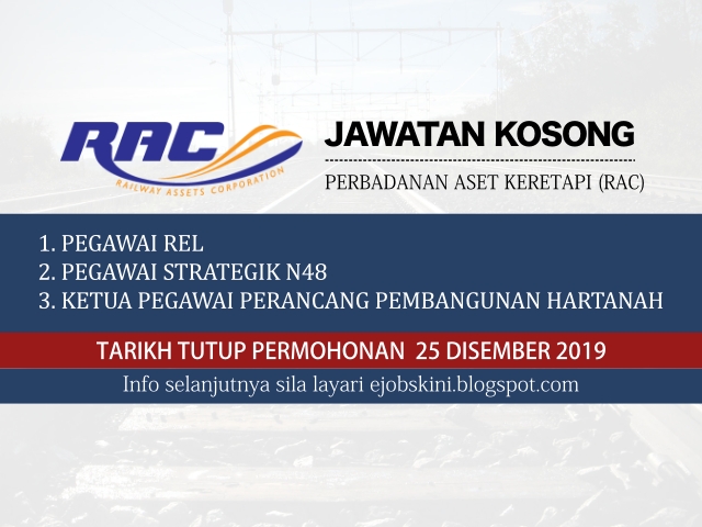 Jawatan Kosong Perbadanan Aset Keretapi (RAC) Disember 2019