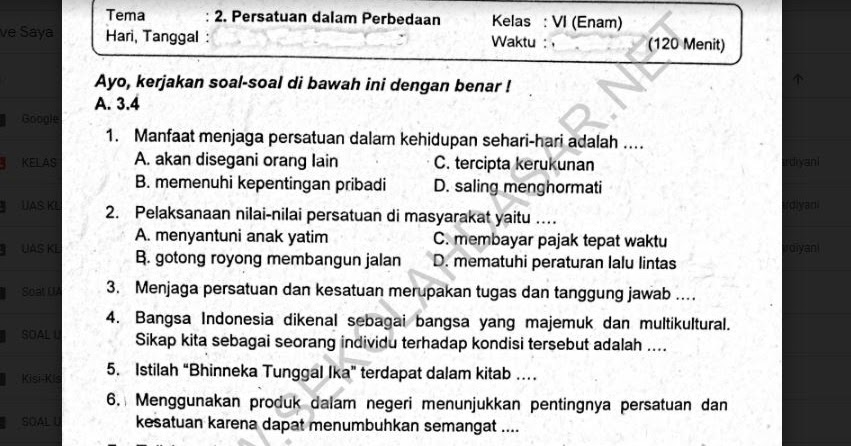 Soal Penilaian Akhir Semester K13 Kls 6 Sd Smstr 1