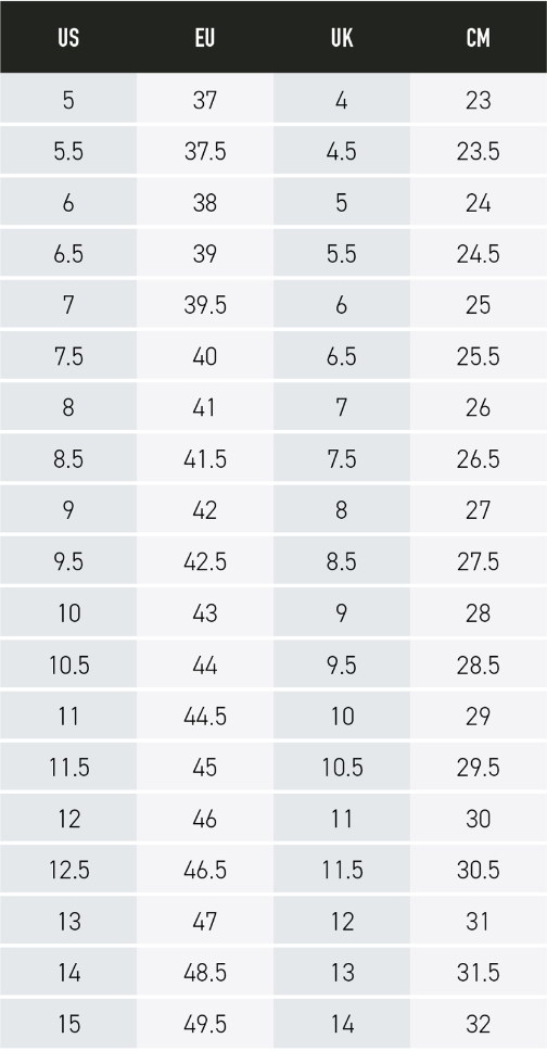 RIDE CONCEPTS: MENS SIZE CHART