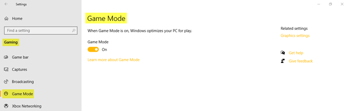 Paramètres de jeu dans Windows 10