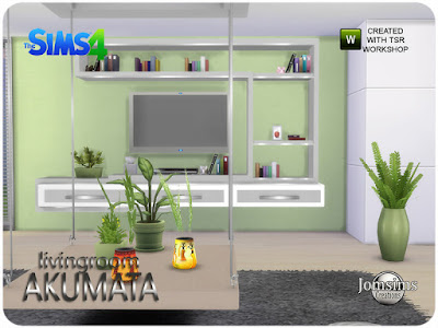 Akumata living room Akumata гостиная для The Sims 4 чистые линии и современная структура. и некоторые элементы на тему Африки. Но не доводить до крайности. Всего несколько касаний здесь и там. 1 диван в 3 цветах. 1 структура дивана в 3 цветах. 1 журнальный столик подвесной 3 цвета и металл. 1 подушки деко диван единый цвет африка тема. 1table горшок растение Африка тема. Вторая и различная тема Африки бака завода завода таблицы. 1 структура стены разная поверхность в 3 цветах. 1 слойка, но стол тоже в 3 цветах и ​​металле. 1 проигрыватель DvD Blue Ray, просто деко 1 черная и 1 металлическая текстура, чтобы создать аутентичную и современную сторону. Автор: jomsims