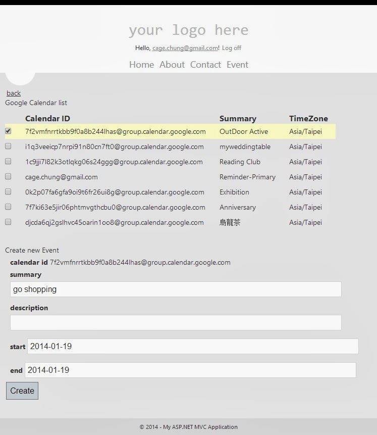 MVC 4 using Google Calendar API via OAuth 2 竹部落