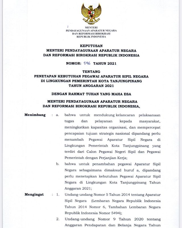 Formasi Asn 2021 Pemerintah Kota Tanjung Pinang Dana Milenial