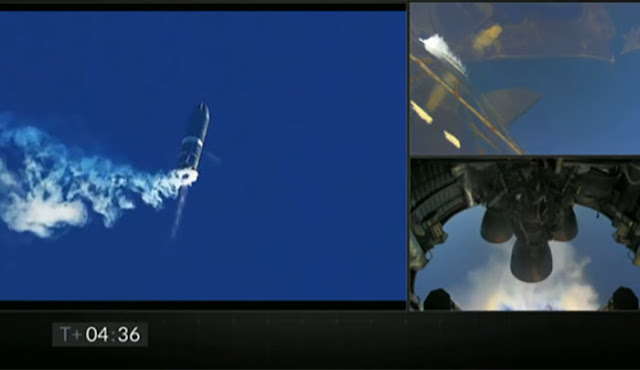 Oh-oh, strange engine performance at T = 04:36 minutes after launch.  (Source: SpaceX)