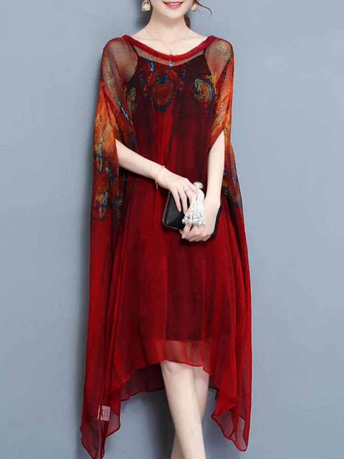 Elegant Two Piece Batwing Sleeve Printed Irregular Hem Dress for Women - Red 6