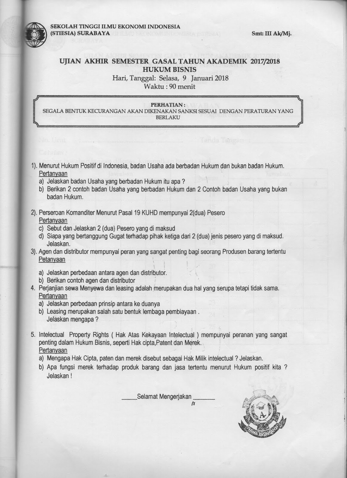 Hima Akuntansi Stiesia Official Blog Soal Soal Uas Tahun 2017 Semester 3