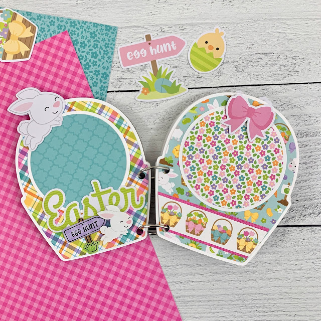 Easter Basket Shaped Mini Scrapbook Album pages with bunny rabbits and egg hunt sign