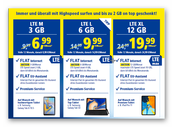 1 1 Tablet Flat Mit Und Ohne Tablet Im D Netz Highspeed Flatrate