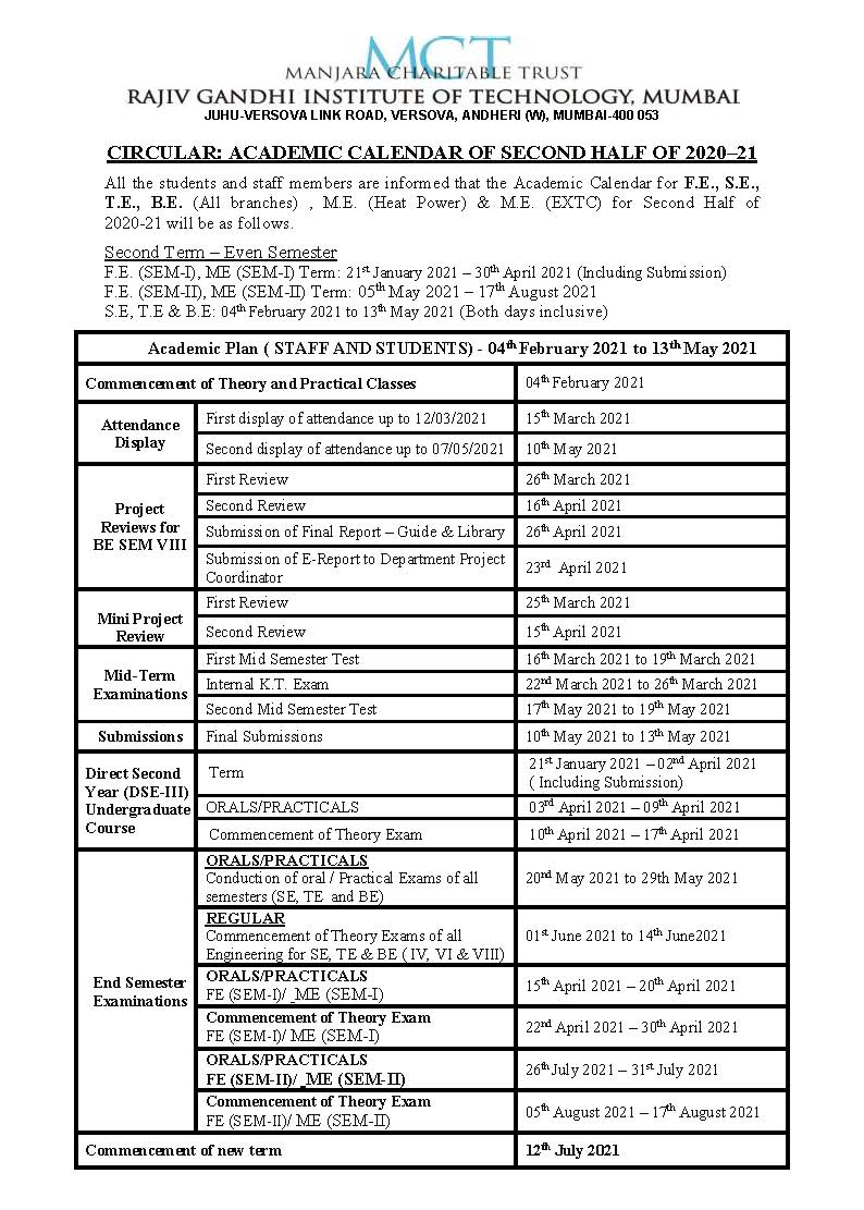 Mechanical Engineering, MCT'S RGIT MUMBAI Academic Calendar Even Sem