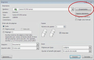 cuadro de dialogo justo antes de imprimir preferencias de impresión