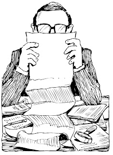 An animated black and white image of person reading a paper