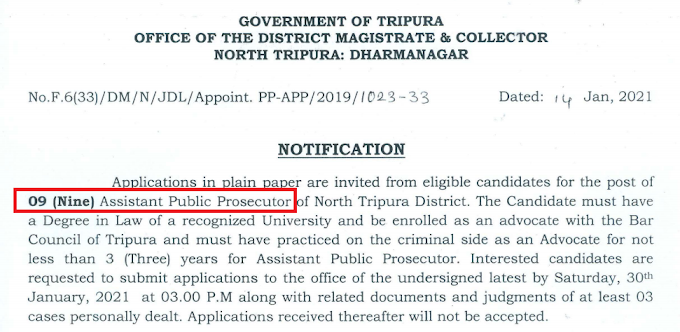 Assistant Public Prosecutor (09 posts) in North Tripura District - last date 30/01/2021