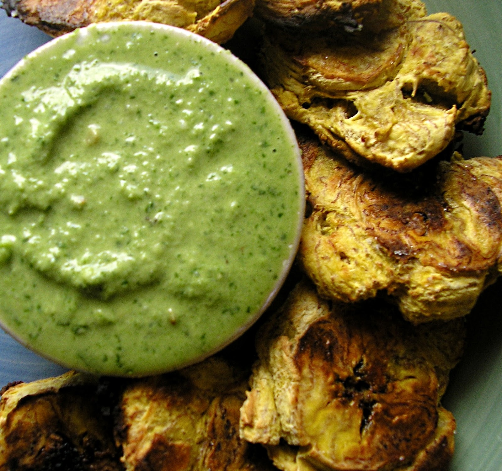 Passion Kneaded Coconut Cilantro Pesto Dip with Baked Plantains CIC