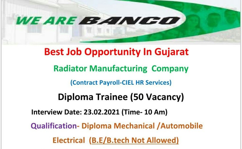 Diploma Mechanical /Automobile/Electrical Job Vacancy In Banco Products