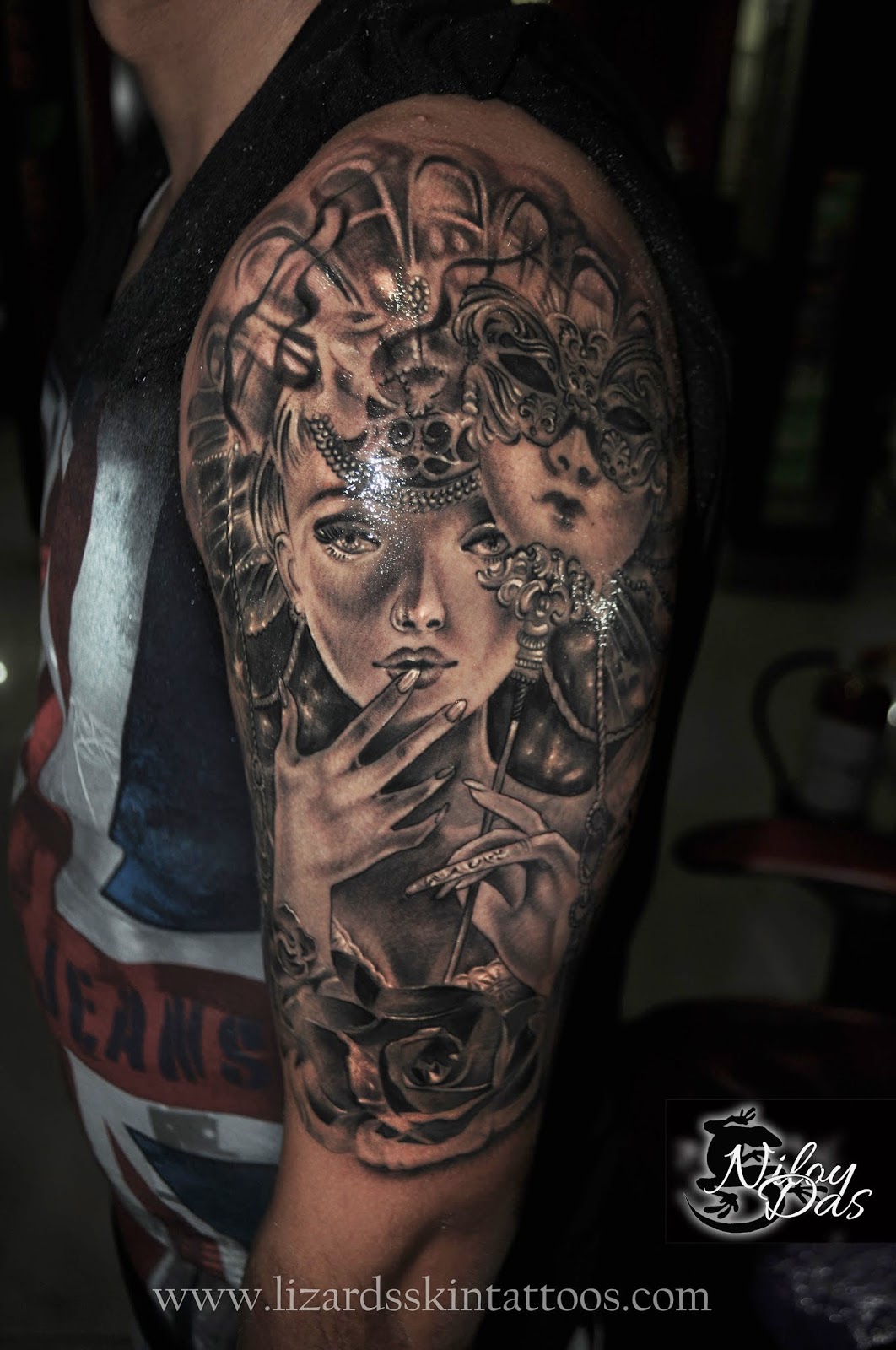 Lizard's Skin Tattoos Girls face with Rose and Mask Tattoo. Customized