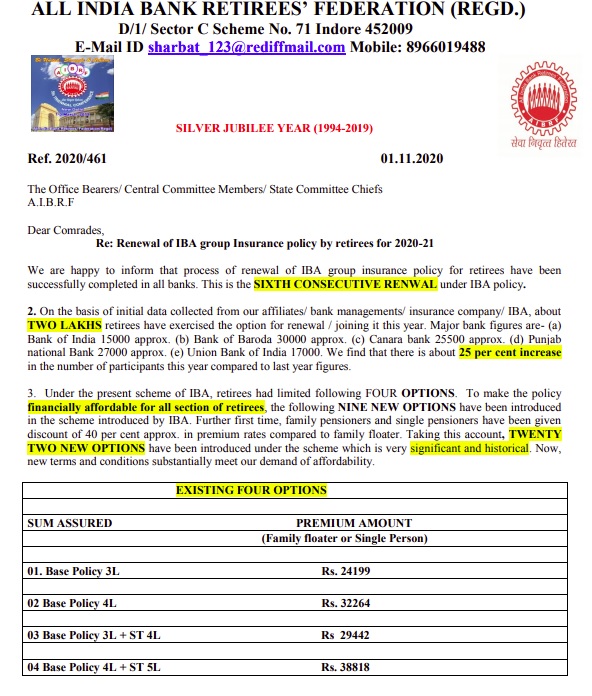 Renewal of IBA Group Insurance Policy By Retirees For 2020